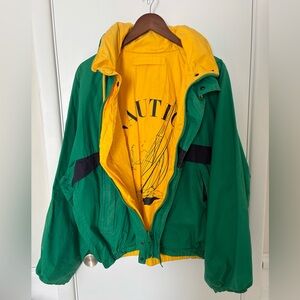 VINTAGE 90s Nautica Reversible Jacket - Big Logo Sailboat - Yellow/Green -Large